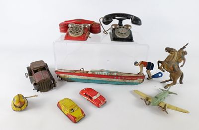Lot of 10 Vintage Tin Litho Toys. Including Marx Coupe - Missing Wheel, Twin Engine Plane - 