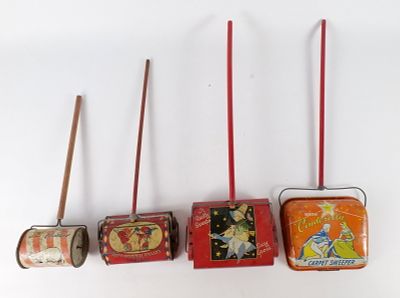 Lot of 4 Vintage Tin Litho Carpet Sweepers. Including Norstar "Cinderella" Sweeper, Suzy Goose 