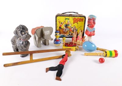 Vintage Toy and Collectible Lot. Including 1964 Popeye Tin Lunchbox - Significant wear/rust 