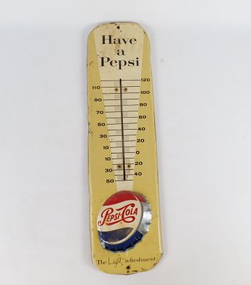 Vintage 1950's Pepsi-Cola Metal Thermometer. "The Light Refreshment" Embossed Bottle Cap Sign. 