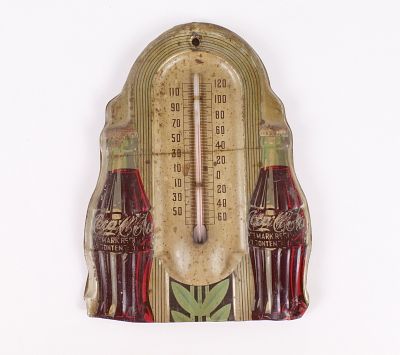 Vintage 1940's Art Deco Coca-Cola "Junior" Tin Thermometer - Twin Bottle Design. Features two 