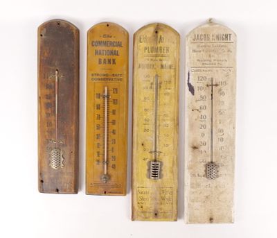 Lot of 4 Antique Wood Advertising Thermometers - Early 1900's Americana. Including Eldreth 