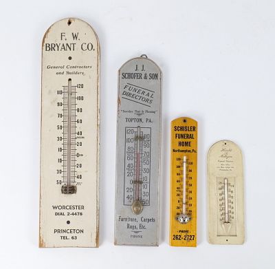 Lot of 4 Vintage Wooden and Metal Advertising Thermometers. Industrial and Funeral Home Themed. 