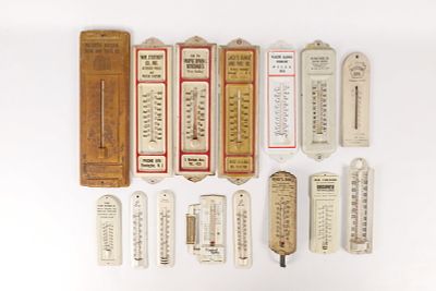 Vintage Advertising Thermometer Lot of 15. Circa 1940's-1970's. Includes Metal, Tin and Wood. 