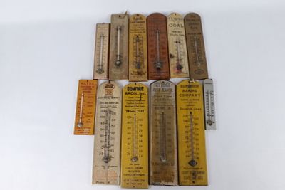 Lot of 12 Vintage Advertising Wood Thermometers. Circa 1920's-1940's Americana. Including 