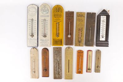Lot of 14 Vintage Advertising Wood Thermometers. Early 20th Century Americana. Including Miller 