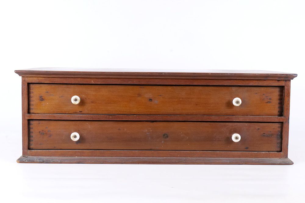 Lot 183: Antique Two Drawer Tabletop Spool Cabinet