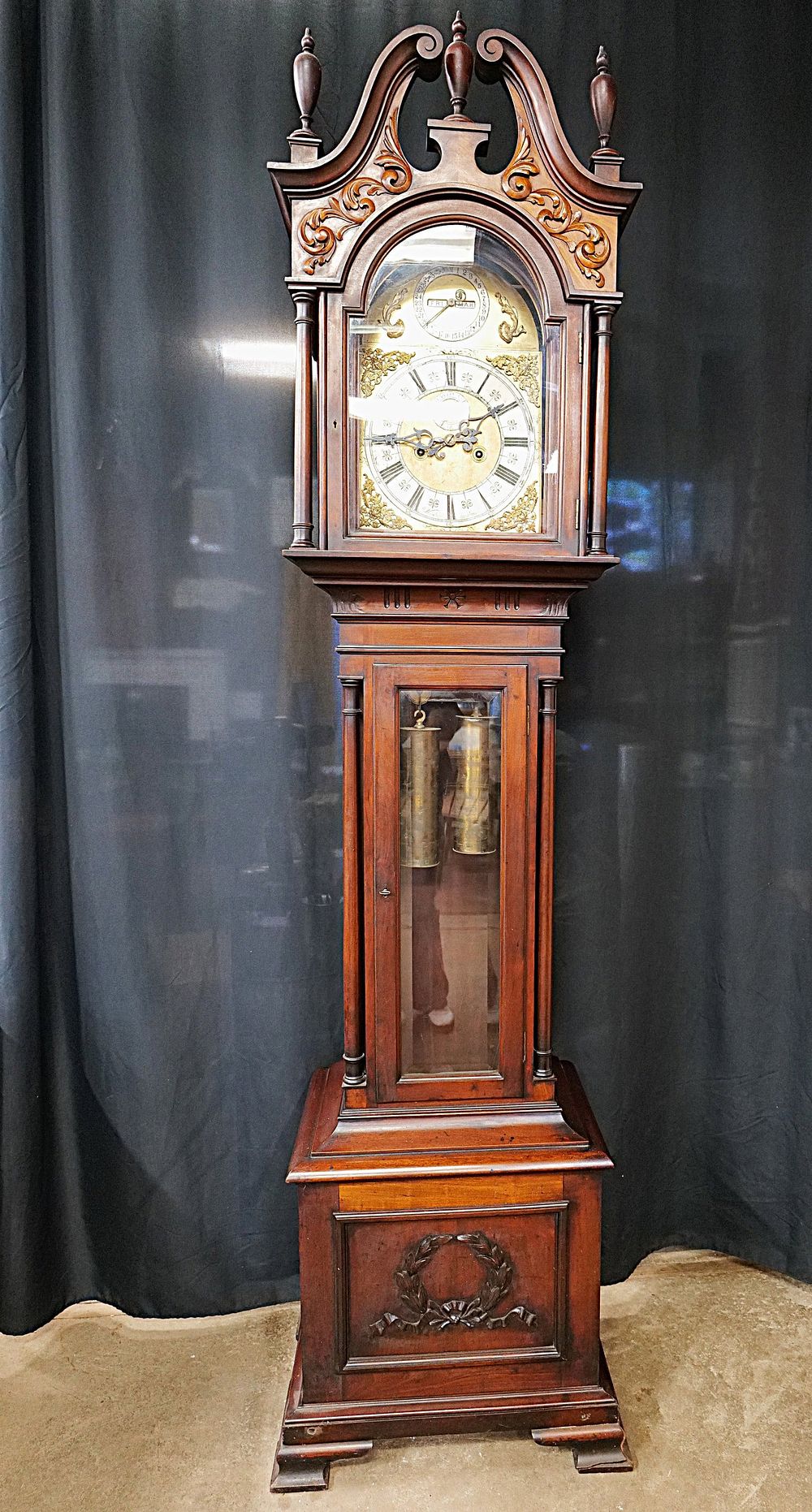 Lot 204: George III Style Carved Mahogany Tall case Clock with Windmills London Dial