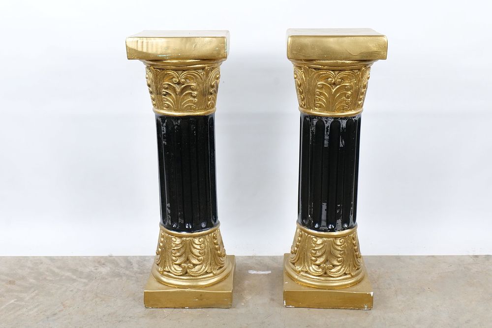 Lot 211: Pair of Vintage Hollywood Regency Gold & Black Fluted Colum Pedestals