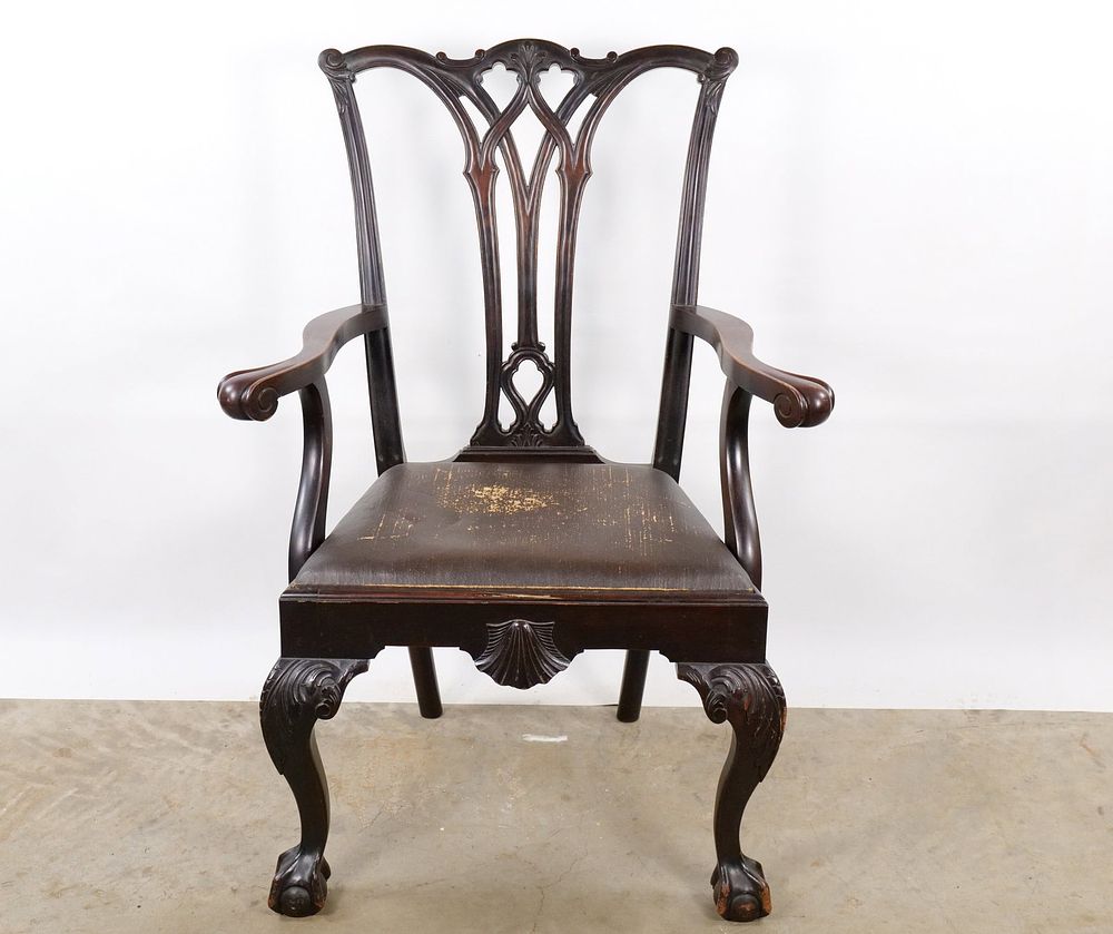 Lot 213: Vintage Chippendale Style Ribbon-Back Armchair