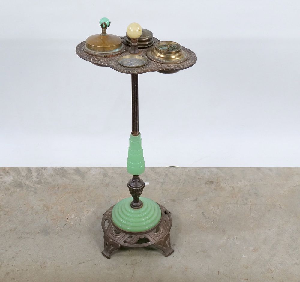 Lot 223: Art Deco Jadeite Glass and Cast Metal Smoking Stand