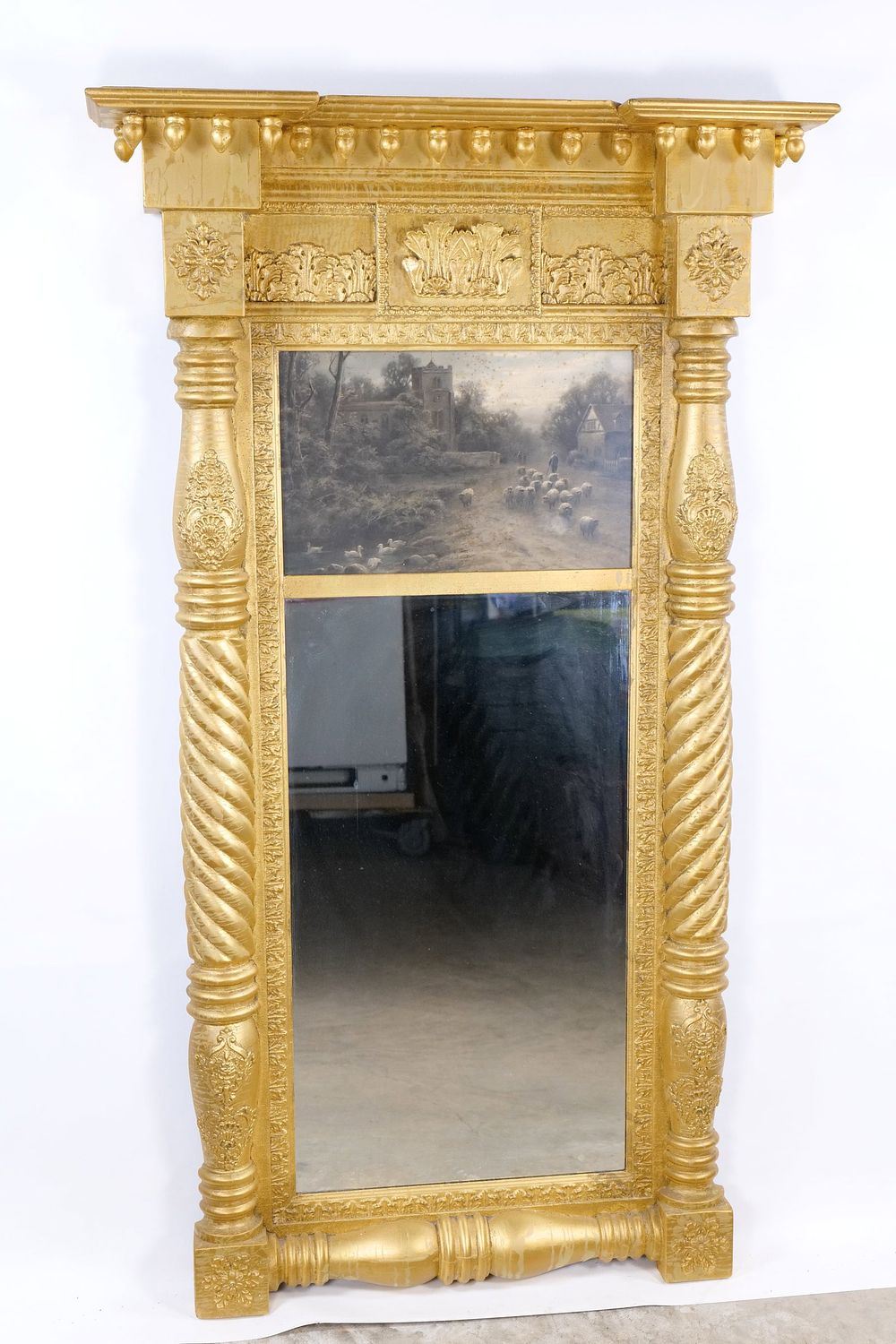 Lot 228: Antique Gilt Federal Style Pier Mirror with Pastoral Landscape Painting