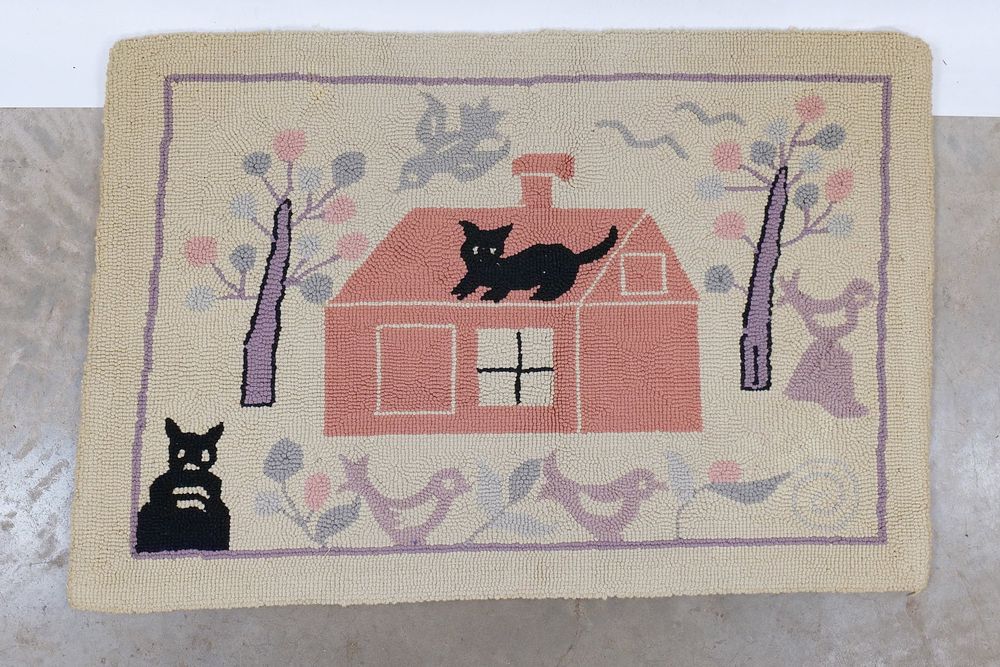 Lot 232: Vintage Hand-Hooked Folk Art Rug