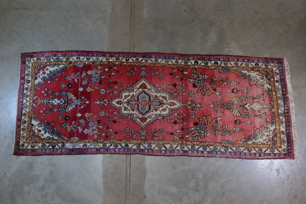 Lot 235: Vintage Hand-Knotted Persian Runner Rug - Floral Medallion