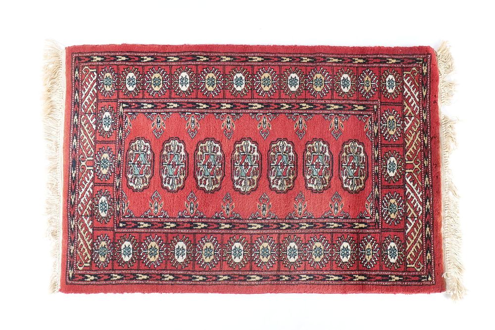 Lot 243: Hand-Knotted Pakistani Bokhara Rug - Traditional Red Wool Accent Rug
