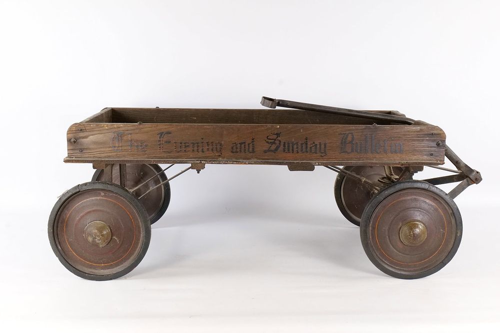 Lot 293: Vintage "The Evening and Sunday Bulletin" Wooden Newspaper Delivery Wagon