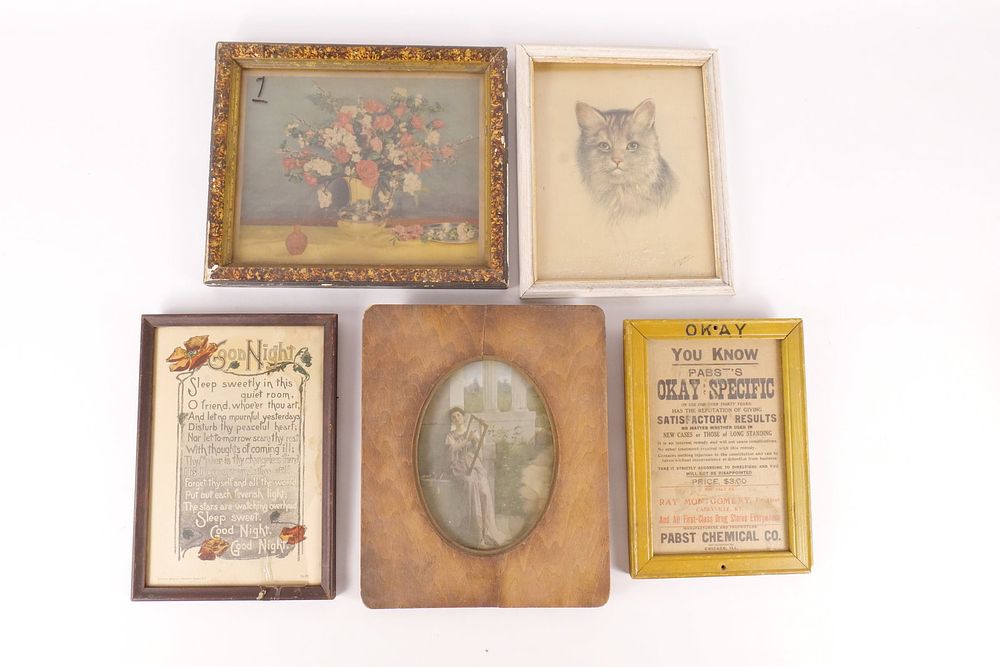 Lot 316: Lot of 5 Antique Victorian/Early 20th Century Framed Prints and Ephemera