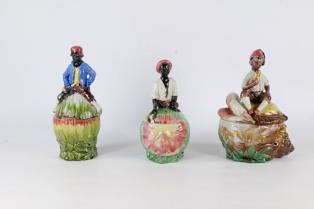 Lot 330: Trio of Antique/Vintage Majolica-Style Figural Tobacco Jars