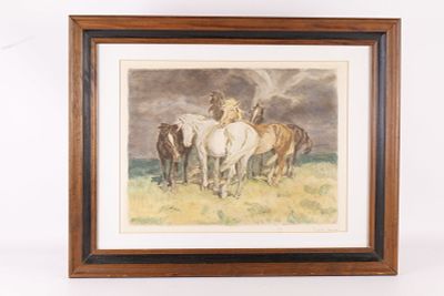 Vintage Vicki Fair Signed Equine Hand Colored Lithograph. Depicting Horses in Field. Signed 