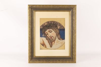 Framed Needlepoint - Christ on Cross. Framed Needlepoint depicting Christ on Cross. Measures 17" 