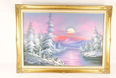 Oil on Canvas - Winter Mountain Sunset Scene. Oil on Canvas. Depicting a Winter Mountain Sunset 