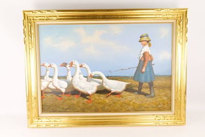 Oil on Canvas by Don Beach - Girl with Geese. Oil on Canvas by Don Beach. Depicting a European 