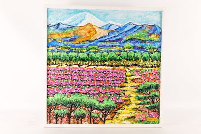 Ruffino Lubis NYC Original Mixed Media Textured Painting - Mountain Landscape. Signed on back. 