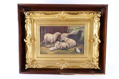 19th Century Oil on Board - Sheep and Rooster. 19th Century Oil on Board. Depicting Sheep and 