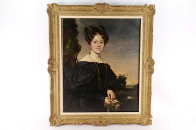 19th Century Oil on Canvas - Portrait of a Woman holding a Rose. Appears to have been relined. 