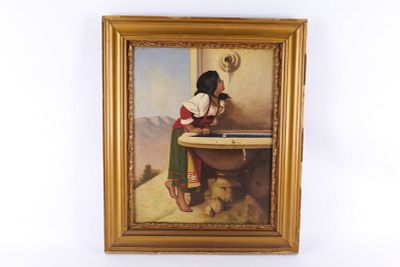Antique Oil on Canvas - Portrait of Woman Drinking from a Fountain. Does have tearing and paint 