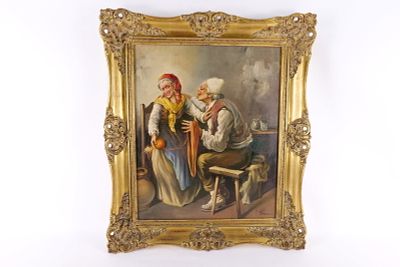 Vintage Oil on Canvas by T. Massimo - Elderly Couple. Vintage Oil on Canvas by T. Massimo. 