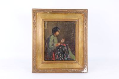Antique Oil on Canvas - Woman Sewing. Antique Oil on Canvas - Impressionist Painting depicting a 