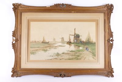 Antique Watercolor by St. Clair Augustin Mulholland - Dutch Landscape. Antique Watercolor by St. 