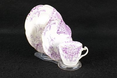 Antique Wileman & Co. Porcelain Tea Trio. Alexandra Shape - Mulberry Purple Floral Pattern. 