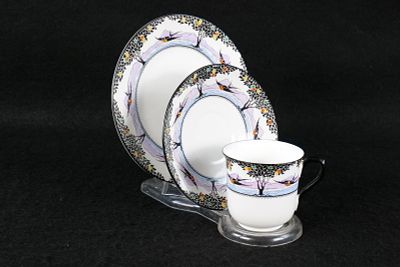 Antique Shelley Art Deco Tea Trio - Swallows & Balloon Trees - Pattern #11349. Circa 1910-1925. 