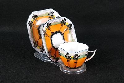 Antique Shelley Art Deco Queen Anne Trio - Orange Trees and Sunset Pattern #11513. Circa 1926. 