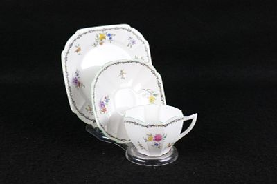 Vintage 1930's Shelley Art Deco Queen Anne Bone China Tea Trio - Floral. Vintage 1930's Shelley 