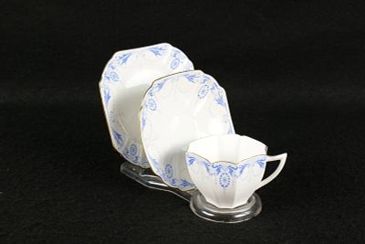 Vintage Shelley Queen Anne "Medallion" Trio. Pattern #11612 - Blue Medallion - Art Deco. Circa 