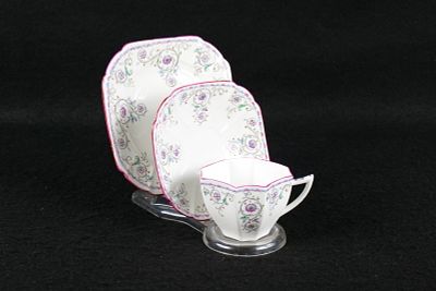 Vintage Shelley Queen Anne "Pink Scroll" Trio. Pattern #11502. Circa 1926. Octagonal Shaped 
