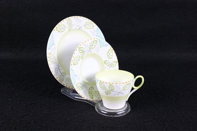 Vintage Shelley Bone China Oxford Teacup Trio. Pattern #13137 - Grey and Green Leaves. Circa 