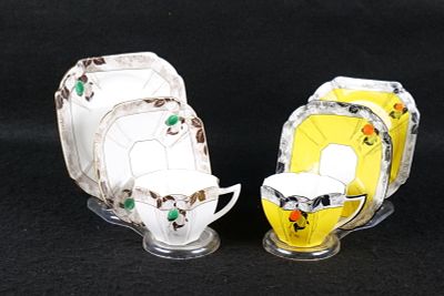 Lot of 2 Shelley Bone China "Damsons" Teacup Trios. Both are Queen Anne Shaped with Octagonal 