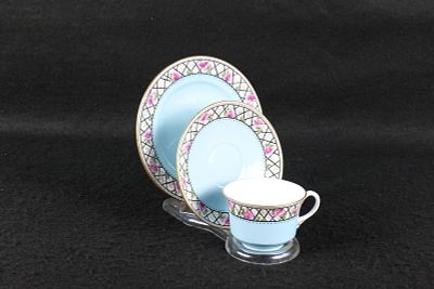 Antique Shelley Norman Teacup Trio. Circa 1925. Black Diamond Criss-cross Trellis pattern with 