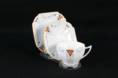 Vintage Shelley Art Deco Queen Anne Tea Trio. Pattern #11619 - Orange Flowers - Circa 1928. 