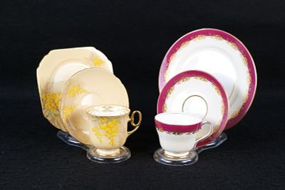Lot of 2 Shelley Bone China Tea Trios. Including Acanthus Red #14133 Windsor Shaped Tea Trio - 