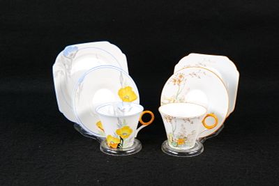 Lot of 2 Shelley Bone China Tea Trios. Including Regent Shaped Stile and Rose with Fence - 