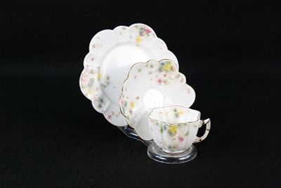 Antique Wileheim Foley Pre-Shelley "Violets" Daisy Shaped Tea Cup Trio. Antique Pre-Shelley 
