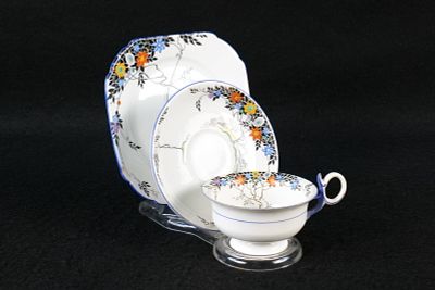 Shelley Georgian Black Leafy Weepy Tree Tea Trio. Pattern #11663. Circa 1930's. Rare with 