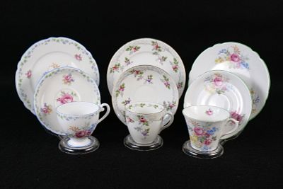 Lot of 3 Shelley Bone China Rose Pattern Tea Trios. Including Pink Roses on Gray Foliage Border 