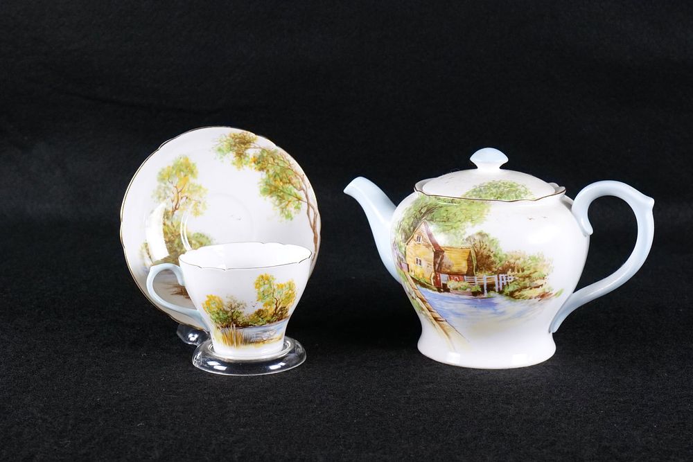 Lot 223: Shelley " Old Mill" Teapot, Teacup and Saucer