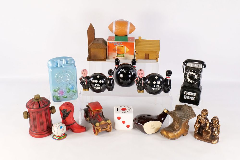 Lot 185: Lot of Assorted Banks - Wooden, Metal, and Ceramic